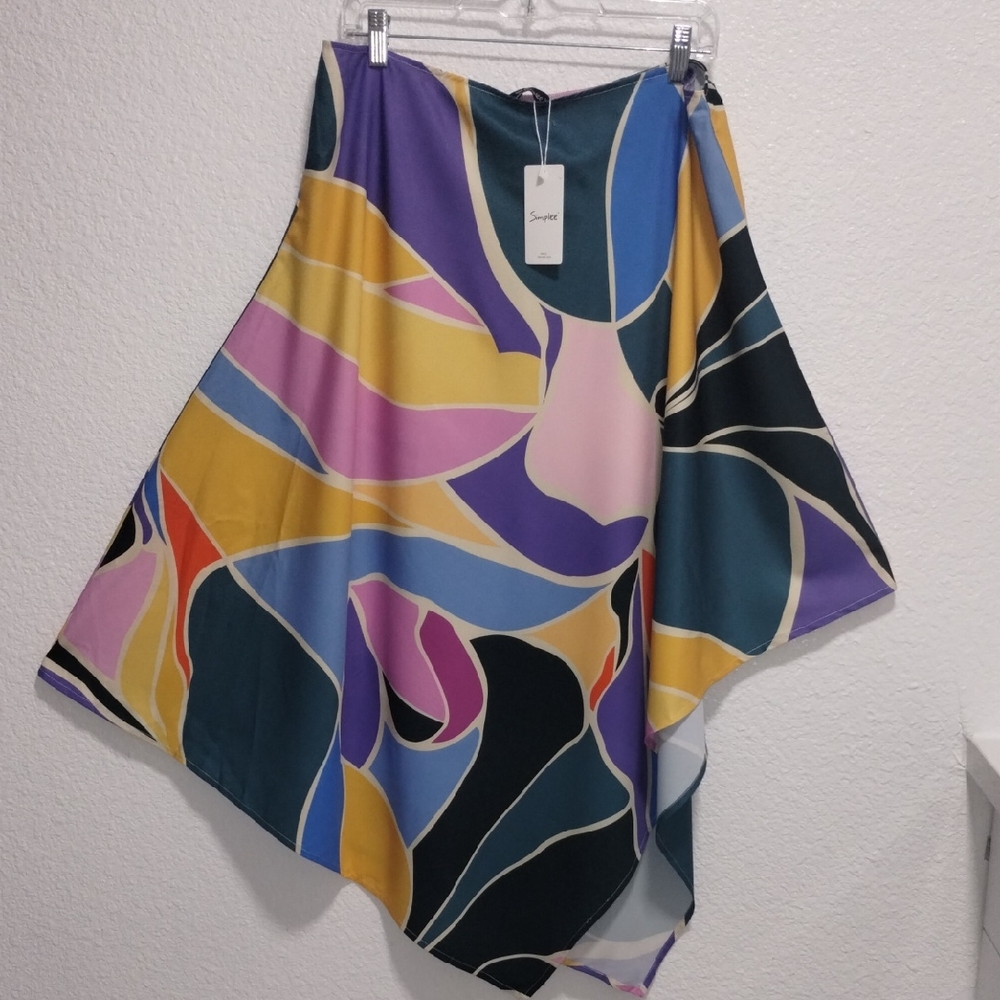 Simple Asymmetrical Skirt in Multicolor Abstract